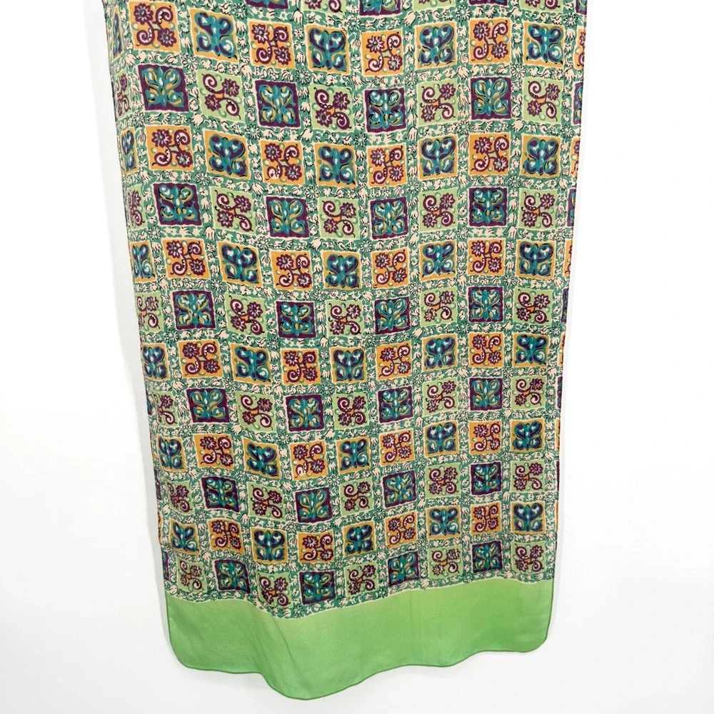 Vintage Liberty of London Silk Scarf 17x50 Green Purple Gold Floral Tile Print